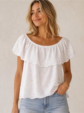 Alfani Petite White Eyelet Off-the-Shoulder Blouse I Size 10P